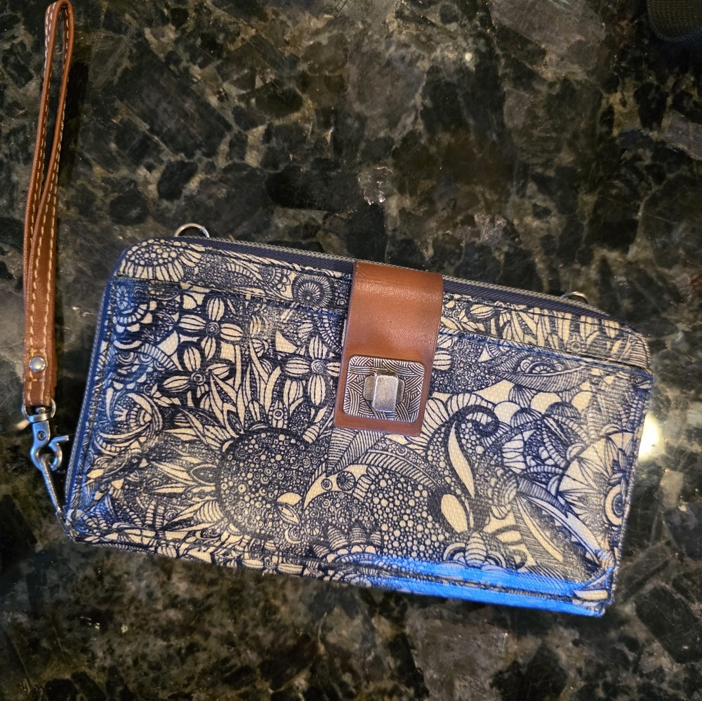 SAKROOTS Floral Pattern Canvas Wristlet Wallet with Brown Trim